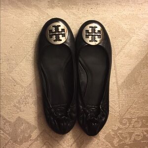 Tory Burch Black Leather Reva Ballet Flats with Gold Logo